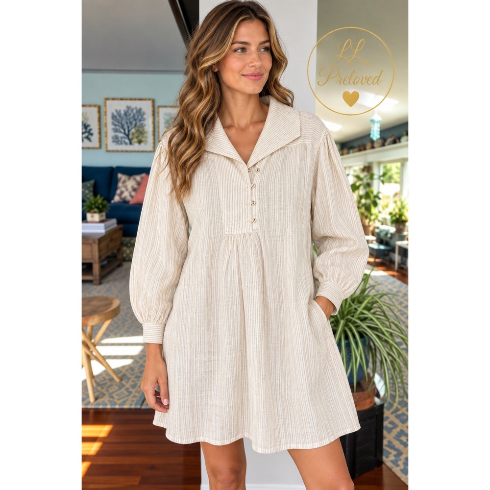 Ulla Johnson Dress Womens 8 Beige Striped Linen Mini Long Sleeve Boho Coastal